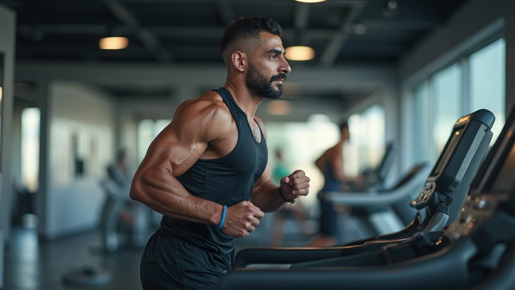 رياضي يمارس تمرين الجري على جهاز المشي في صالة ألعاب حديثة